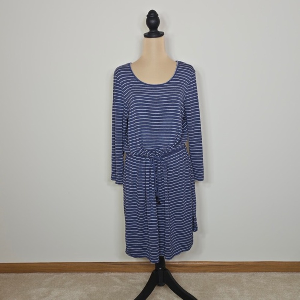 Cupio Blue White Striped 3/4 Sleeve Drawstring Waist Knit Dress XL - Picture 1 of 6